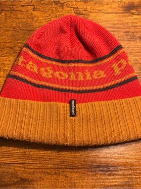 Patagonia Red and Mustard Ribbed Cuff Beanie